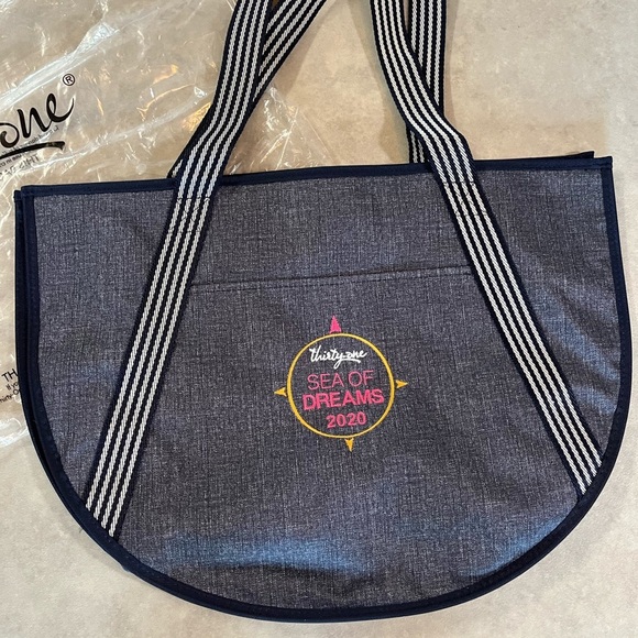 Thirty-One Navy Round Utility Tote with Striped Handles. New. - Picture 2 of 4